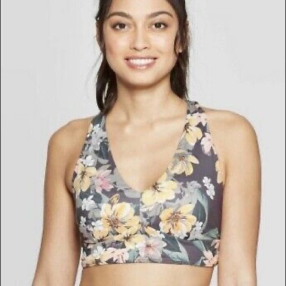 JoyLab | Gray Yellow Floral V Neck Twist Back Sports Bra XS